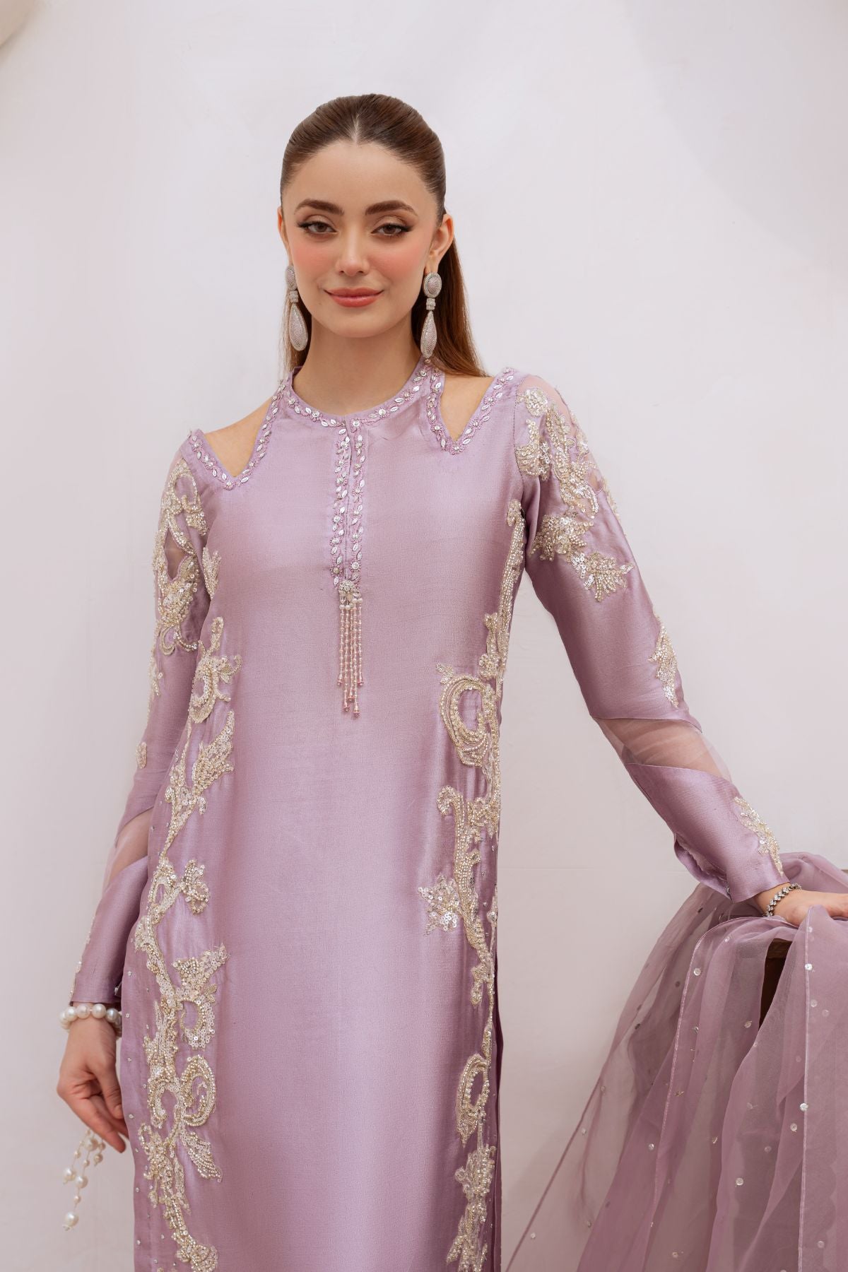 Pakistani Lilac Beaded Sheesha Silk Salwar Kameez (3-Piece) - Image 6