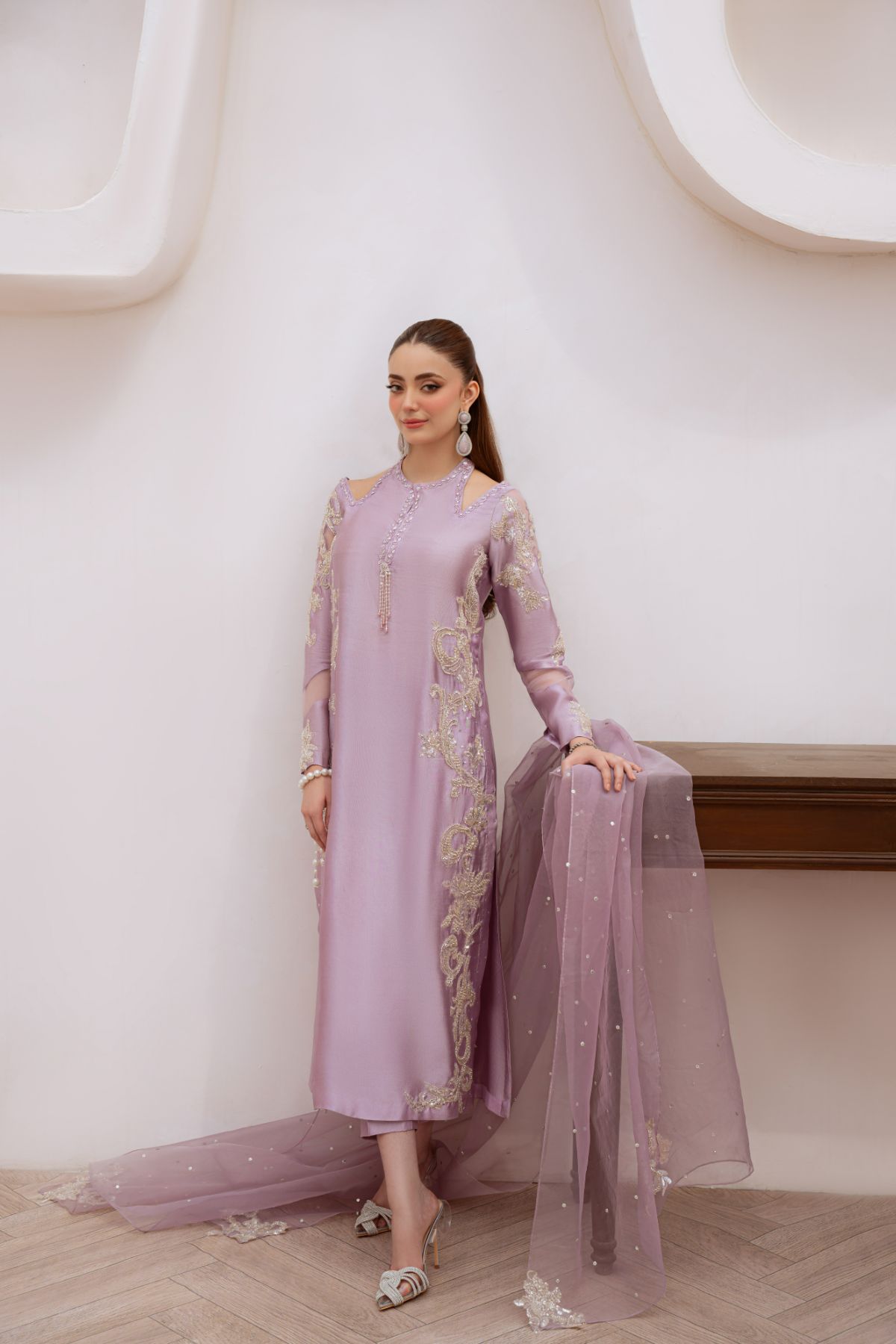 Pakistani Lilac Beaded Sheesha Silk Salwar Kameez (3-Piece) - Image 7