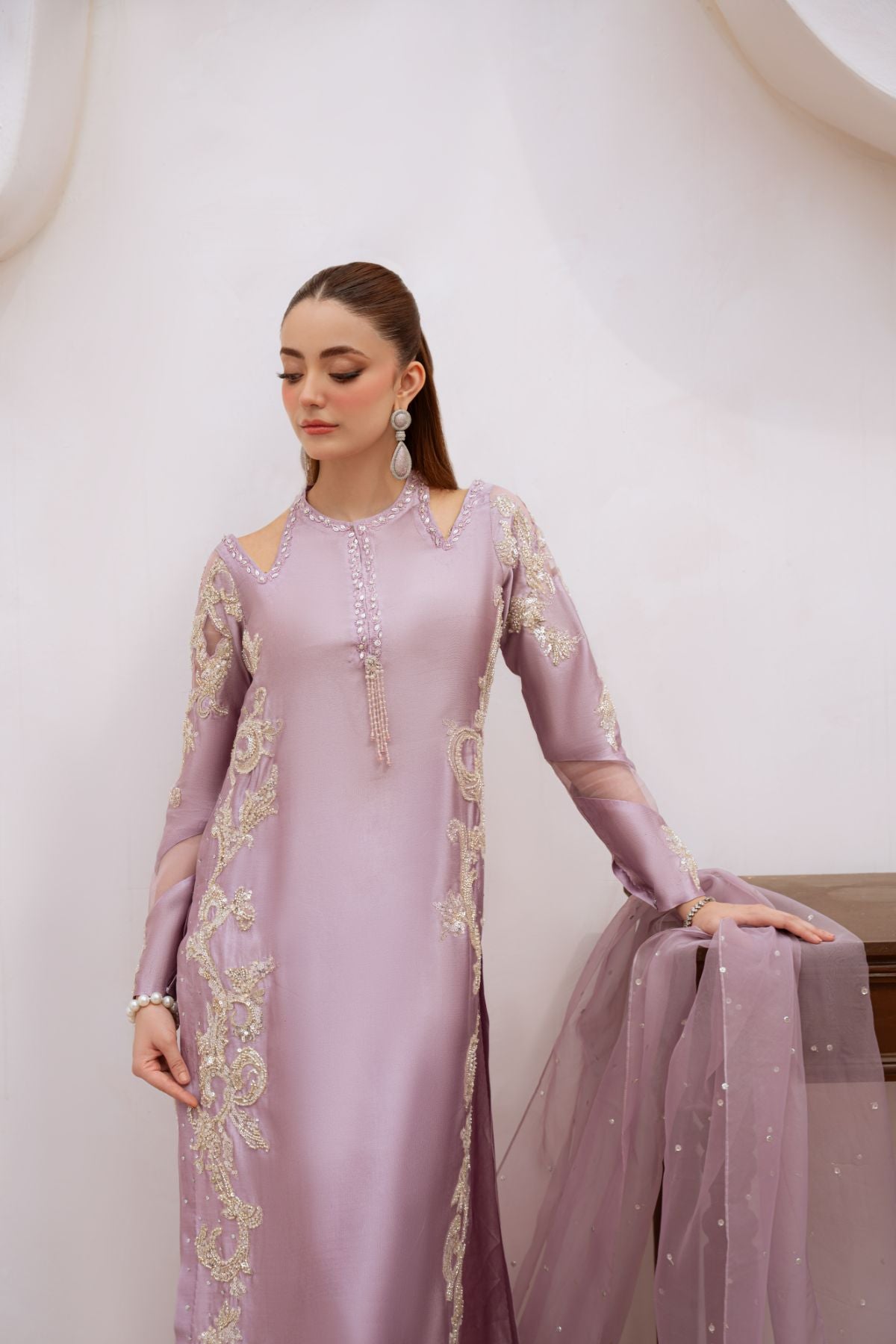 Pakistani Lilac Beaded Sheesha Silk Salwar Kameez (3-Piece) - Image 8