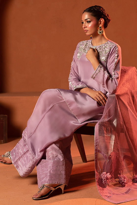 Lavender Embroidered Pure Sheesha Silk Salwar Kameez (3-Piece) - Image 3