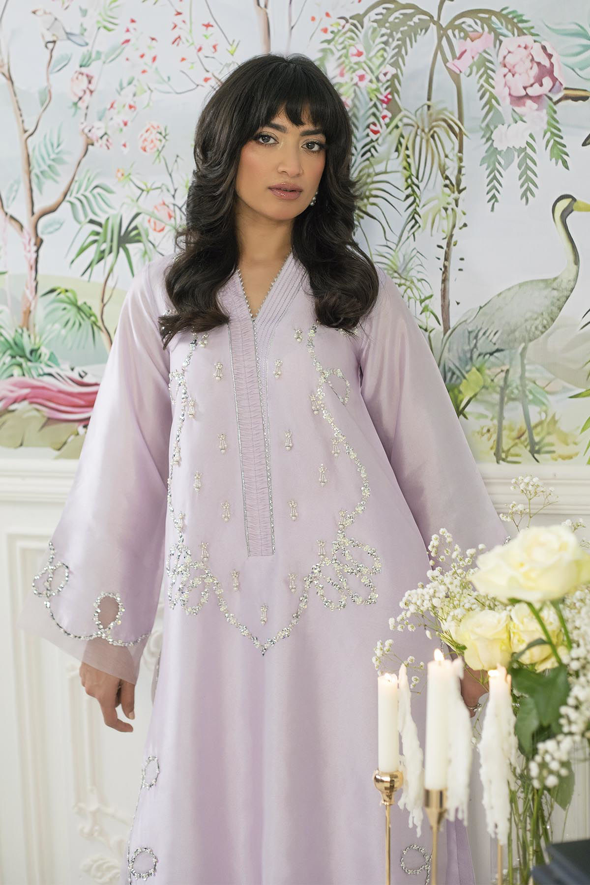 Lilac Crystal & Pearl Pure Silk Salwar Kameez (3-Piece) - Image 2