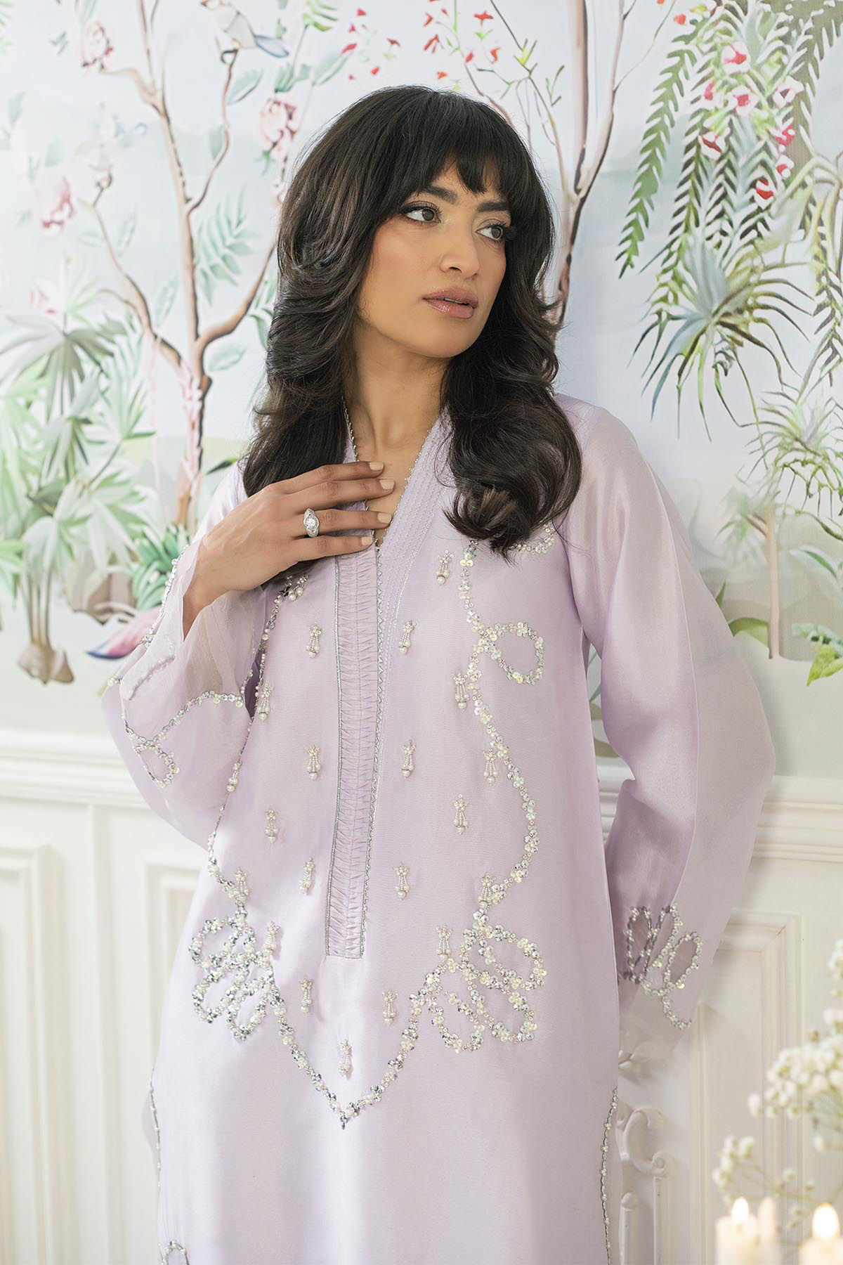 Lilac Crystal & Pearl Pure Silk Salwar Kameez (3-Piece) - Image 4