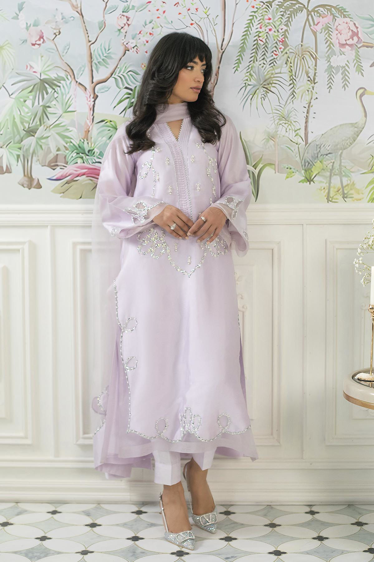 Lilac Crystal & Pearl Pure Silk Salwar Kameez (3-Piece) - Image 6