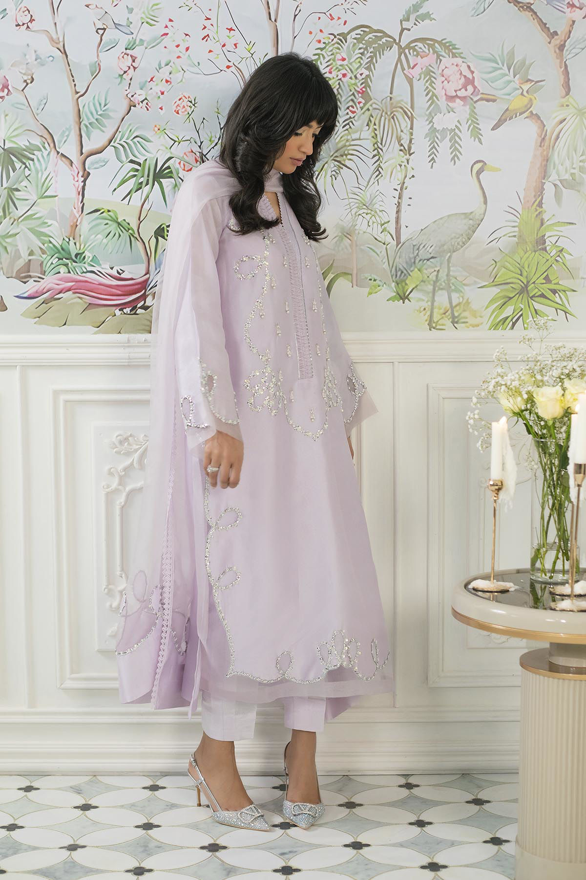 Lilac Crystal & Pearl Pure Silk Salwar Kameez (3-Piece) - Image 7