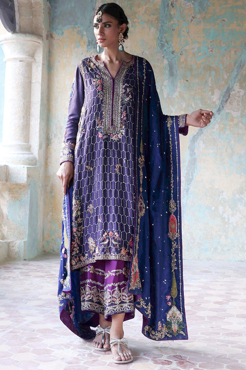 Royal Purple Zardozi Silk & Jamawar Salwar Kameez (3-Piece) - Image 1
