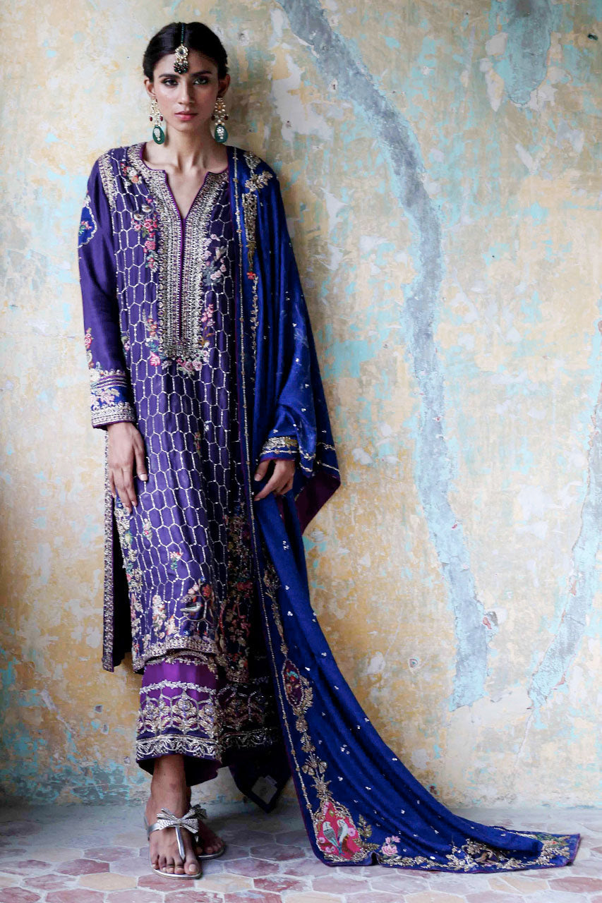 Royal Purple Zardozi Silk & Jamawar Salwar Kameez (3-Piece) - Image 3