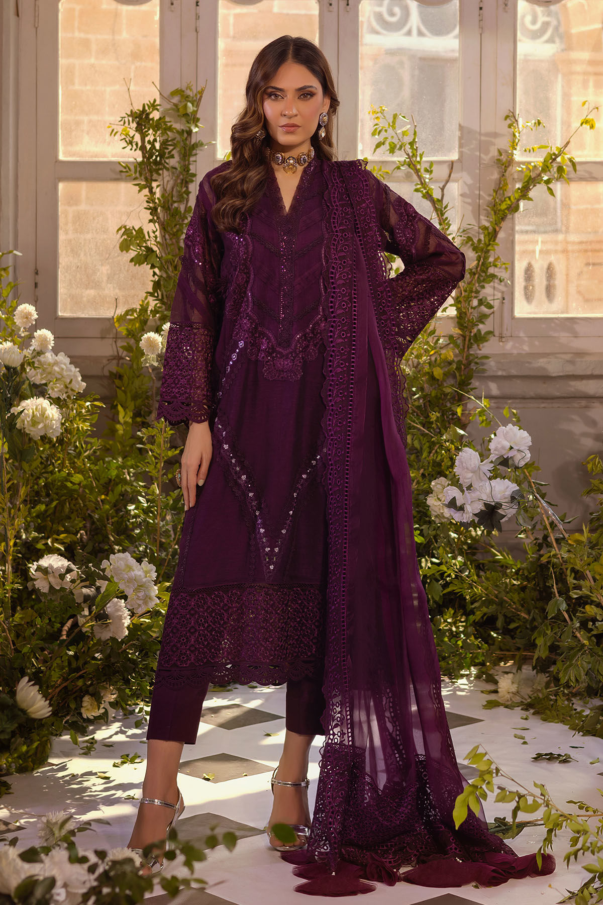 Deep Aubergine Embroidered Silk Net Salwar Kameez (3-Piece) - Image 1