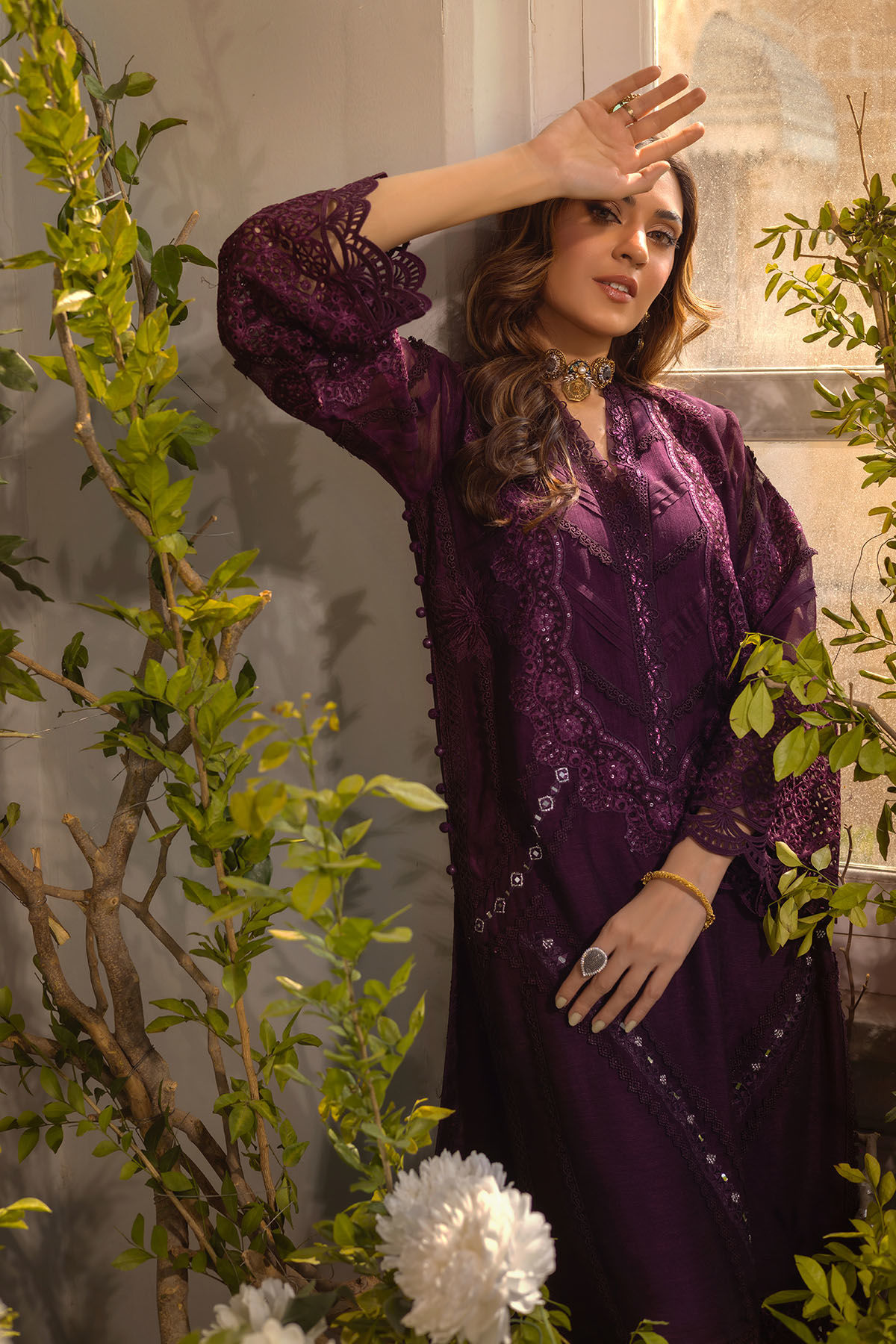 Deep Aubergine Embroidered Silk Net Salwar Kameez (3-Piece) - Image 2