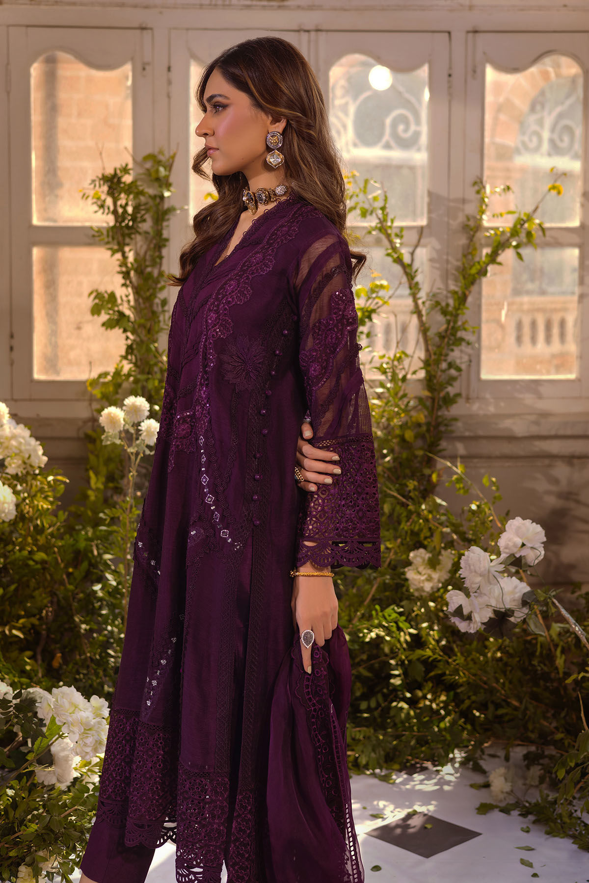 Deep Aubergine Embroidered Silk Net Salwar Kameez (3-Piece) - Image 3