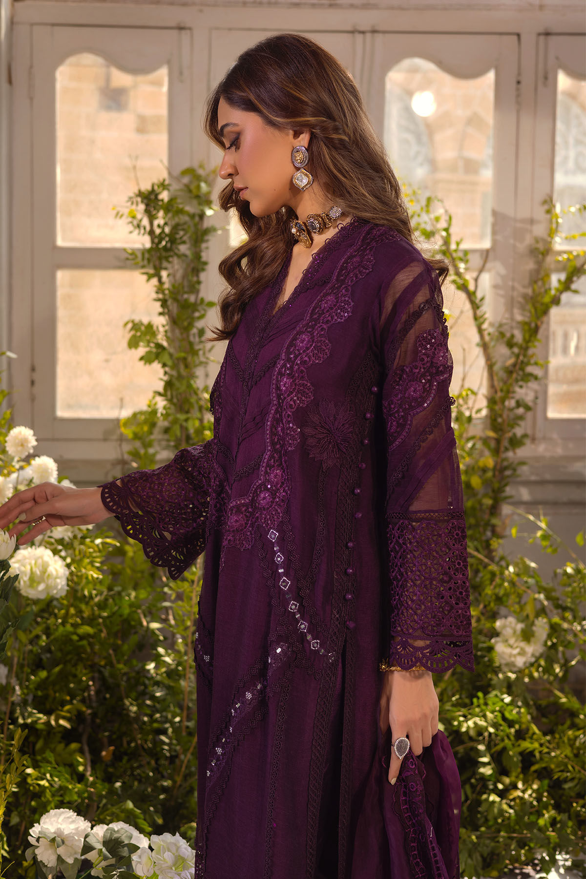 Deep Aubergine Embroidered Silk Net Salwar Kameez (3-Piece) - Image 5