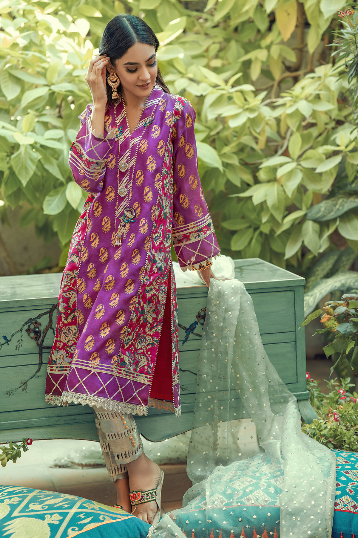 Pakistani Purple & Pink Zardozi Silk Net Salwar Kameez (3-Piece) - Image 2