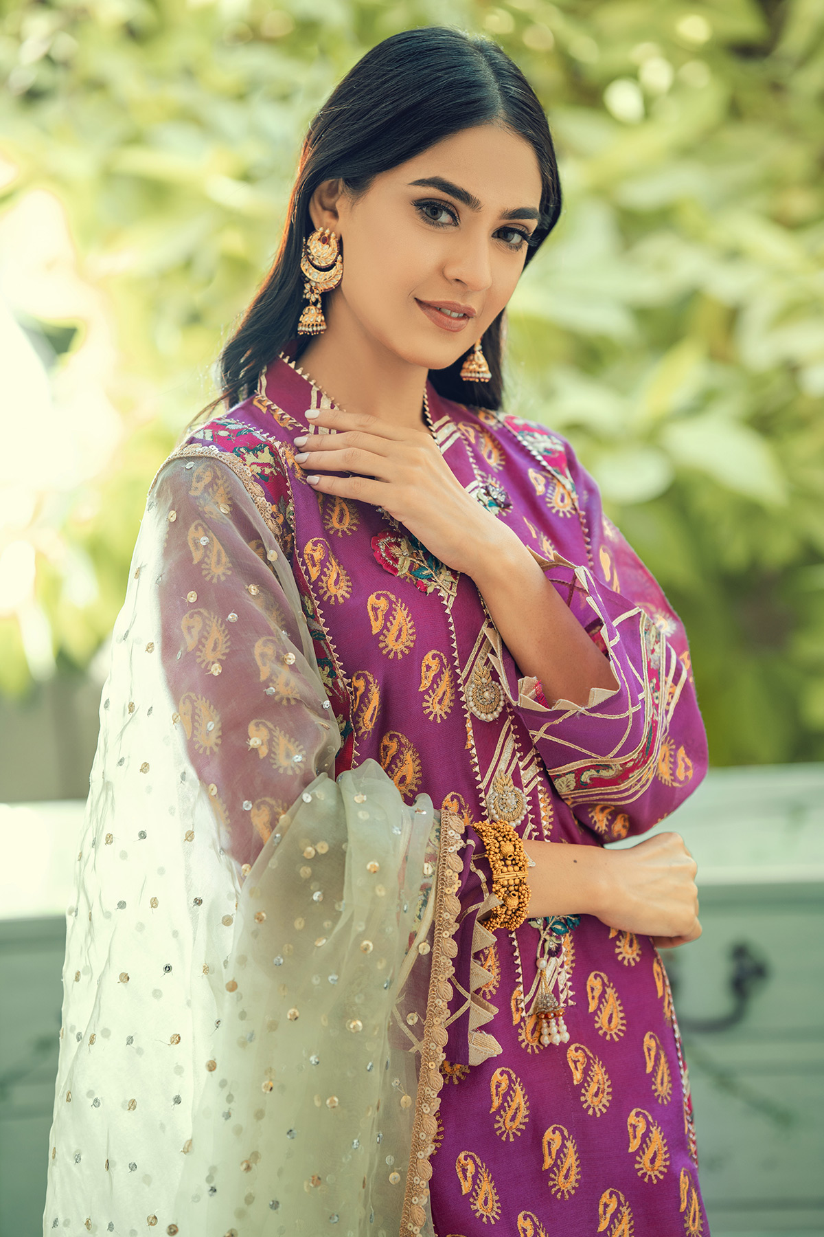 Pakistani Purple & Pink Zardozi Silk Net Salwar Kameez (3-Piece) - Image 3