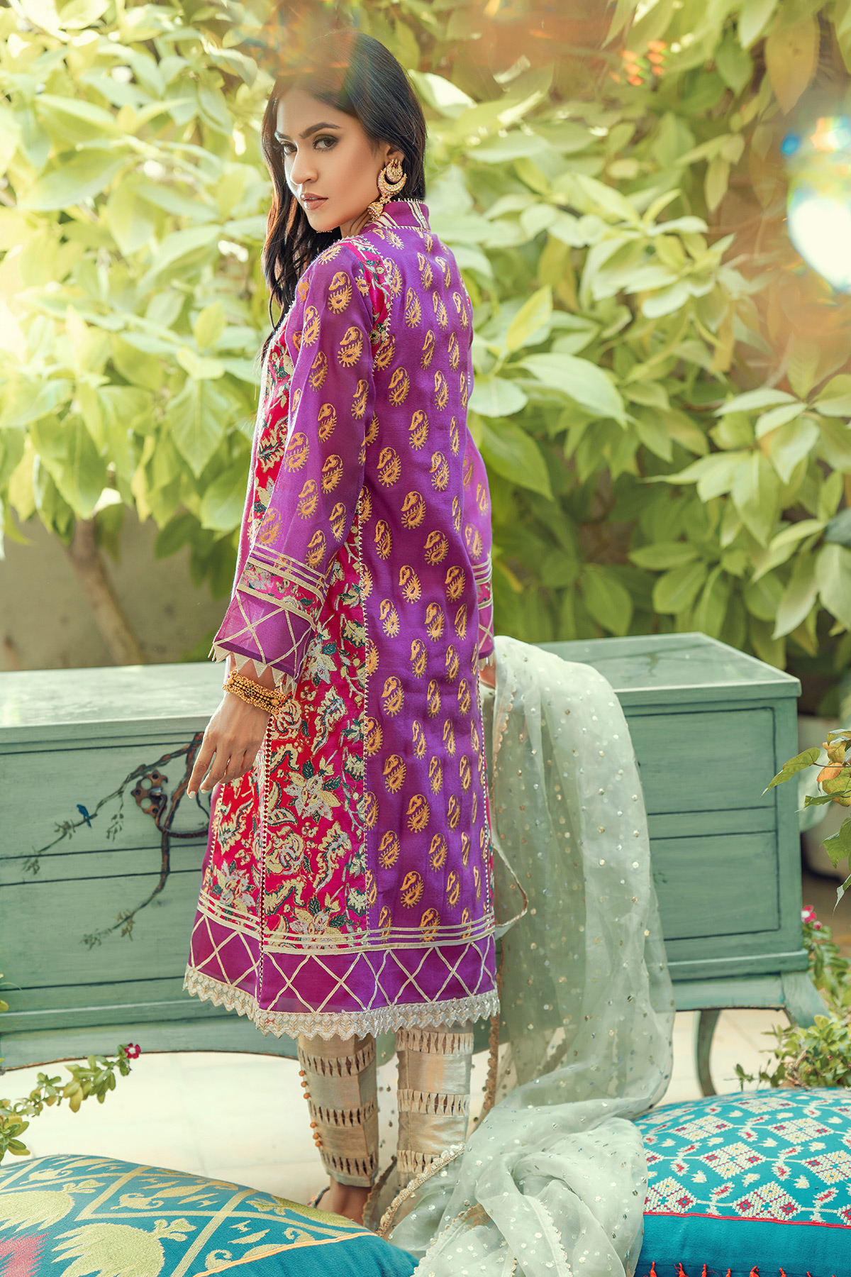 Pakistani Purple & Pink Zardozi Silk Net Salwar Kameez (3-Piece) - Image 4