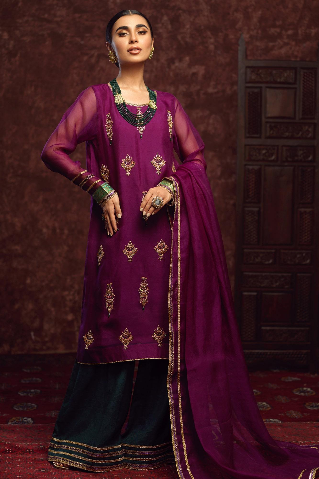 Purple Zardozi Silk Organza Salwar Kameez (3-Piece) - Image 2