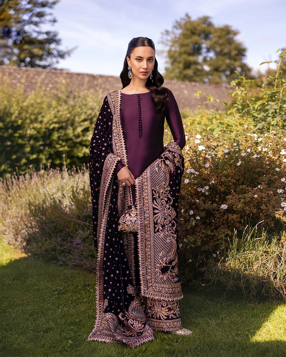 Pakistani Dark Plum Embroidered Silk Kameez (3-Piece) - Image 1