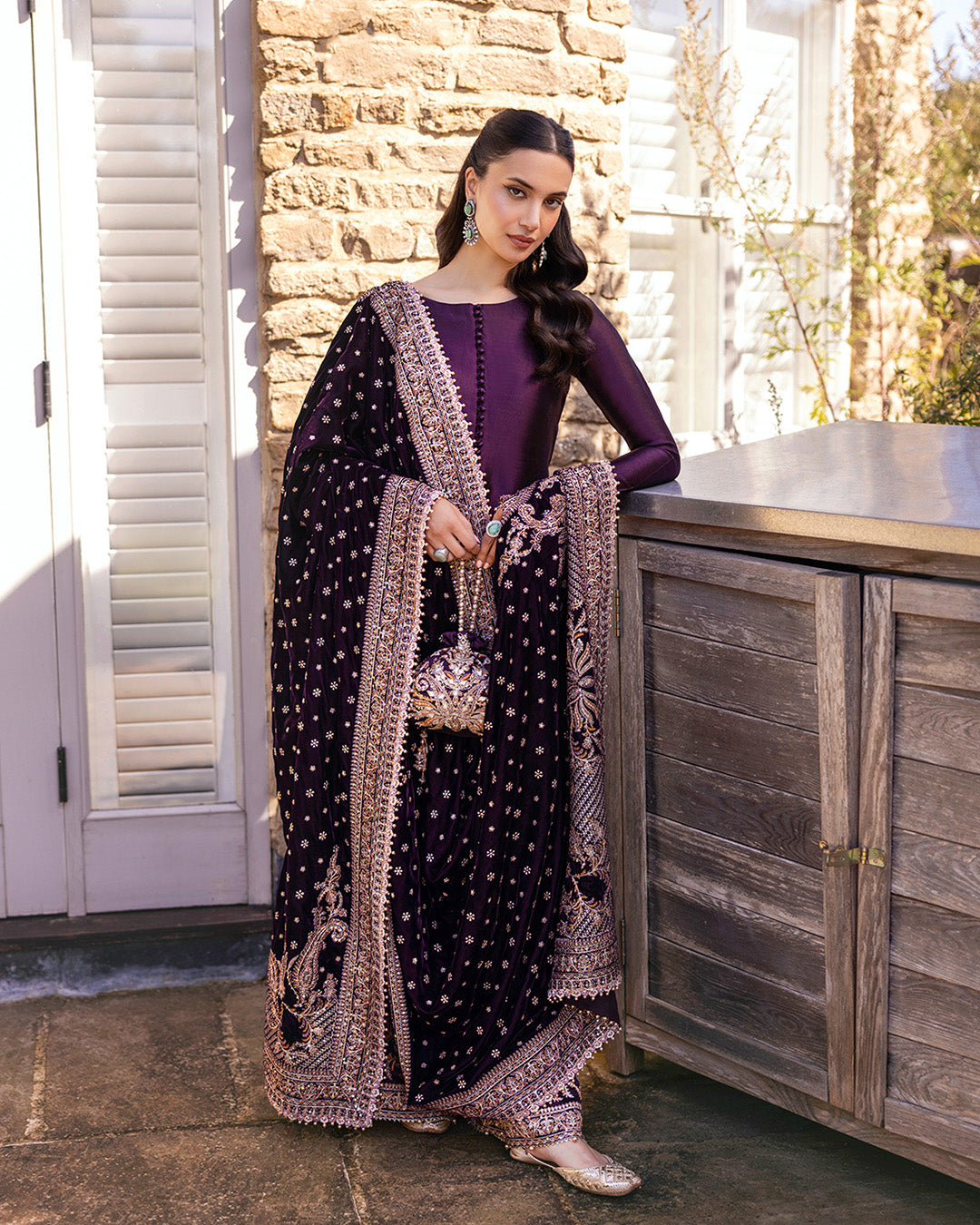 Pakistani Dark Plum Embroidered Silk Kameez (3-Piece) - Image 3