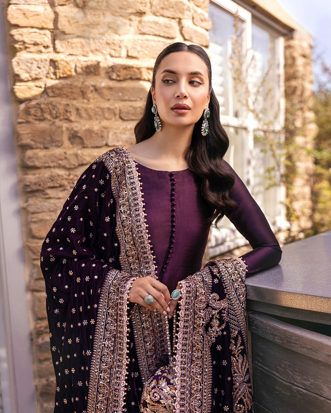 Pakistani Dark Plum Embroidered Silk Kameez (3-Piece) - Image 5