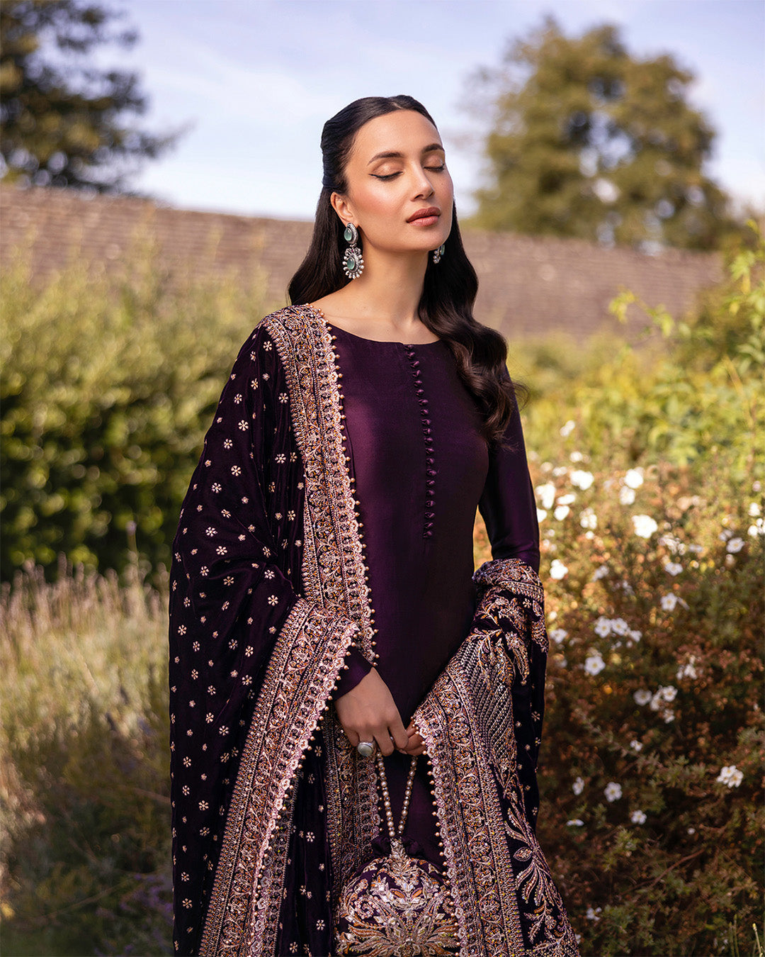 Pakistani Dark Plum Embroidered Silk Kameez (3-Piece) - Image 6