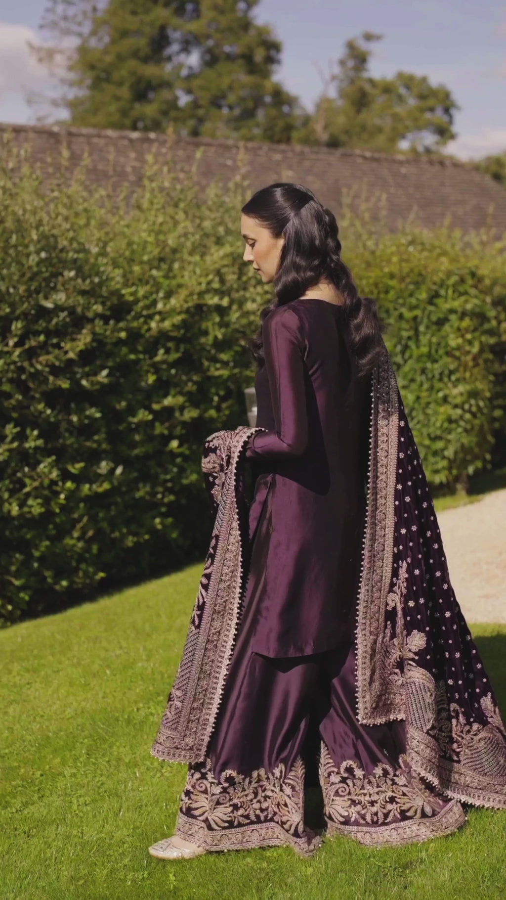 Pakistani Dark Plum Embroidered Silk Kameez (3-Piece) - Image 7