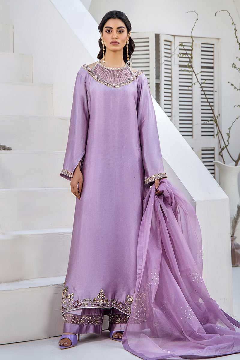 Pakistani Lavender Embroidered Silk Tissue Salwar Kameez (3-Piece) - Image 1