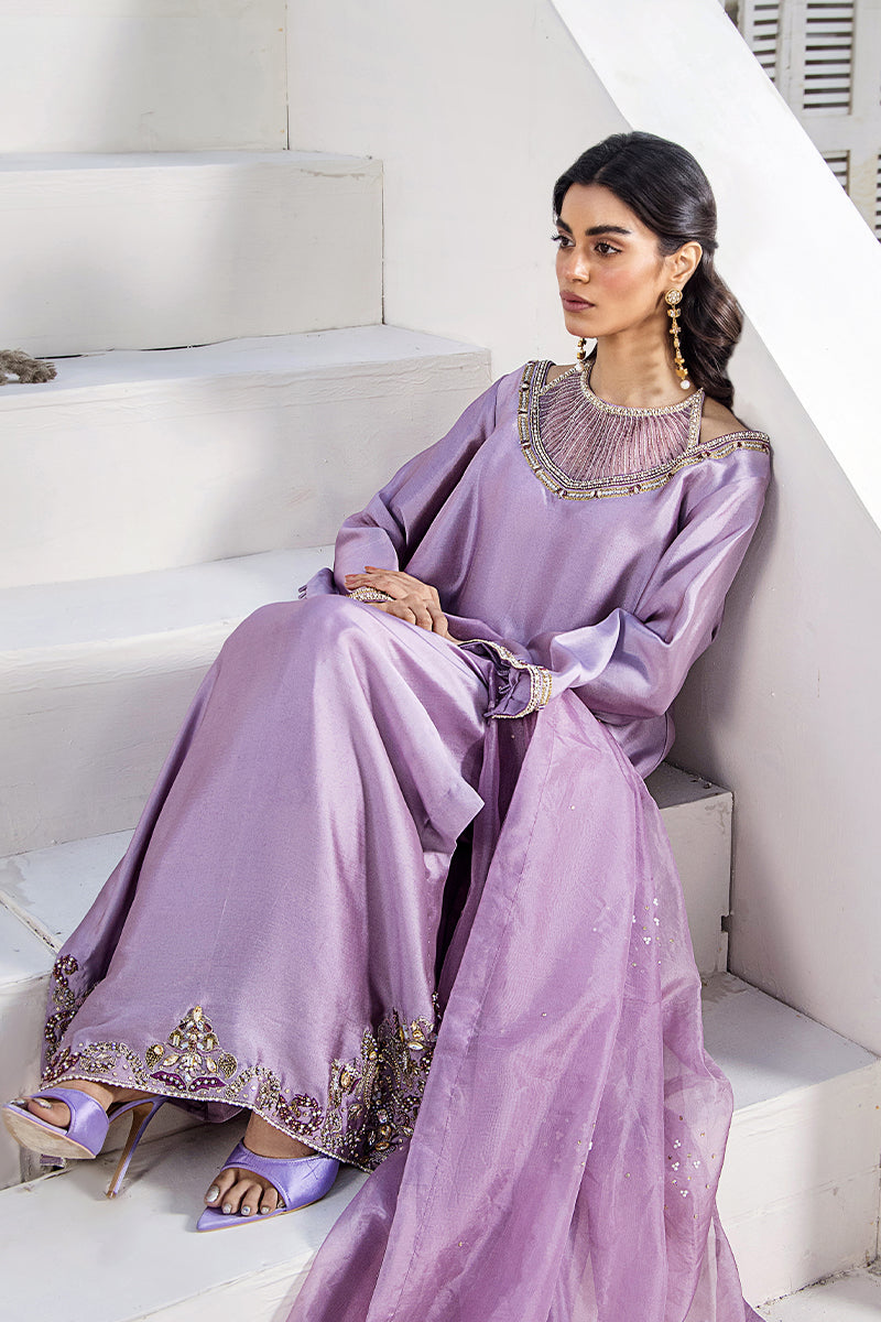 Pakistani Lavender Embroidered Silk Tissue Salwar Kameez (3-Piece) - Image 3