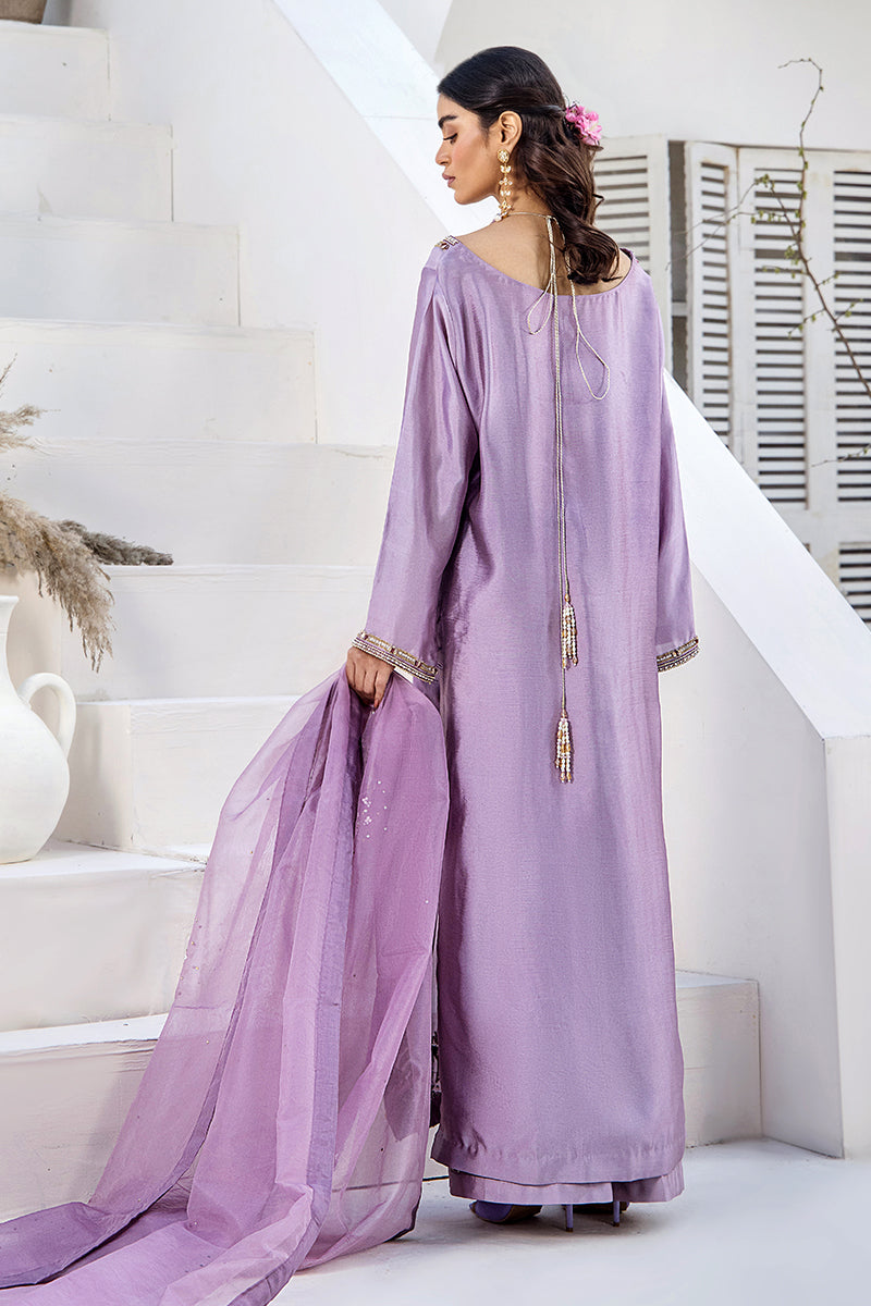 Pakistani Lavender Embroidered Silk Tissue Salwar Kameez (3-Piece) - Image 4