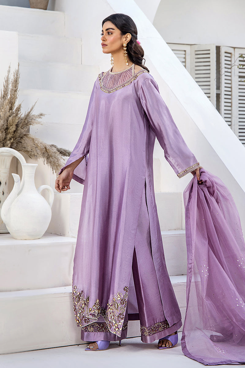 Pakistani Lavender Embroidered Silk Tissue Salwar Kameez (3-Piece) - Image 5