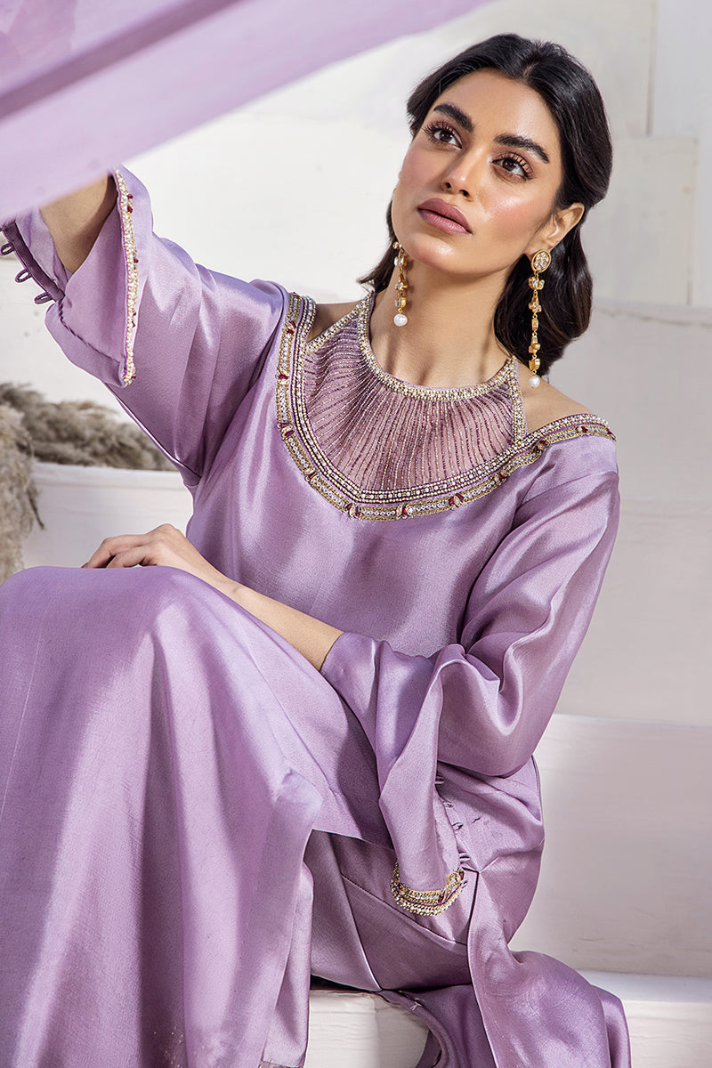 Pakistani Lavender Embroidered Silk Tissue Salwar Kameez (3-Piece) - Image 6
