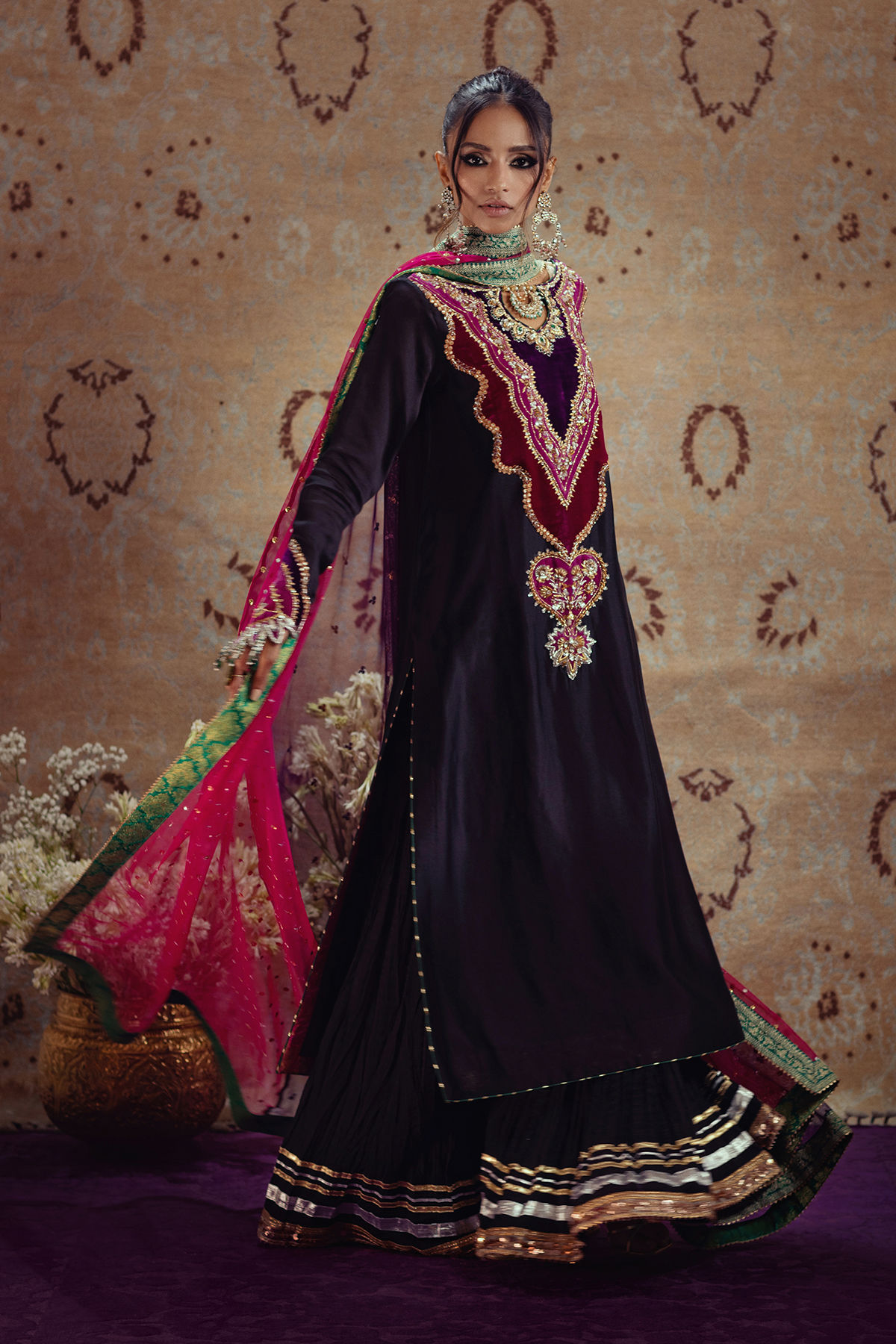 Pakistani Deep Plum Velvet Appliqué Silk Salwar Kameez (3-Piece) - Image 1