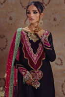 Pakistani Deep Plum Velvet Appliqué Silk Salwar Kameez (3-Piece) - Image 3