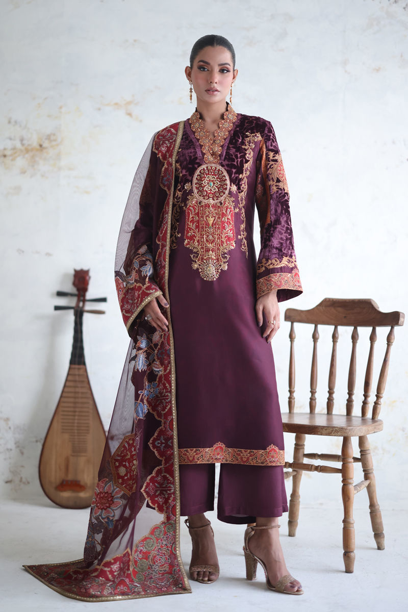 Deep Plum Zardozi Silk Salwar Kameez (3-Piece) - Image 1
