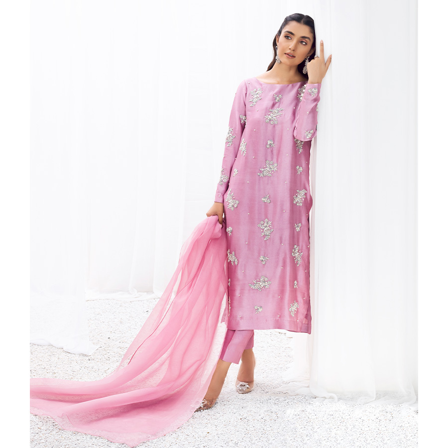 Pakistani Lilac Embellished Pure Tissue Silk Salwar Kameez (3-Piece) - Image 1