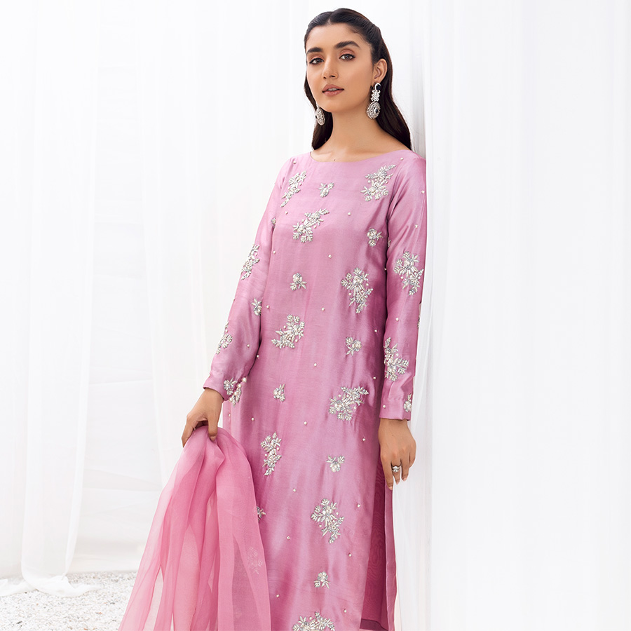 Pakistani Lilac Embellished Pure Tissue Silk Salwar Kameez (3-Piece) - Image 2