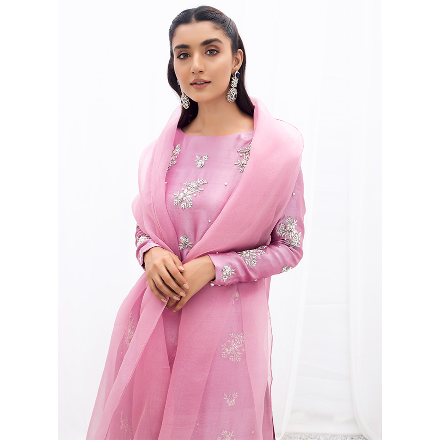 Pakistani Lilac Embellished Pure Tissue Silk Salwar Kameez (3-Piece) - Image 3