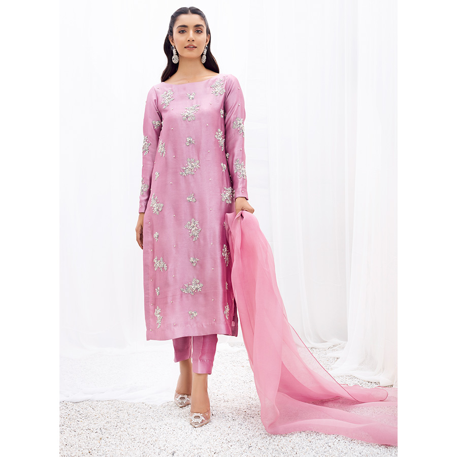 Pakistani Lilac Embellished Pure Tissue Silk Salwar Kameez (3-Piece) - Image 4