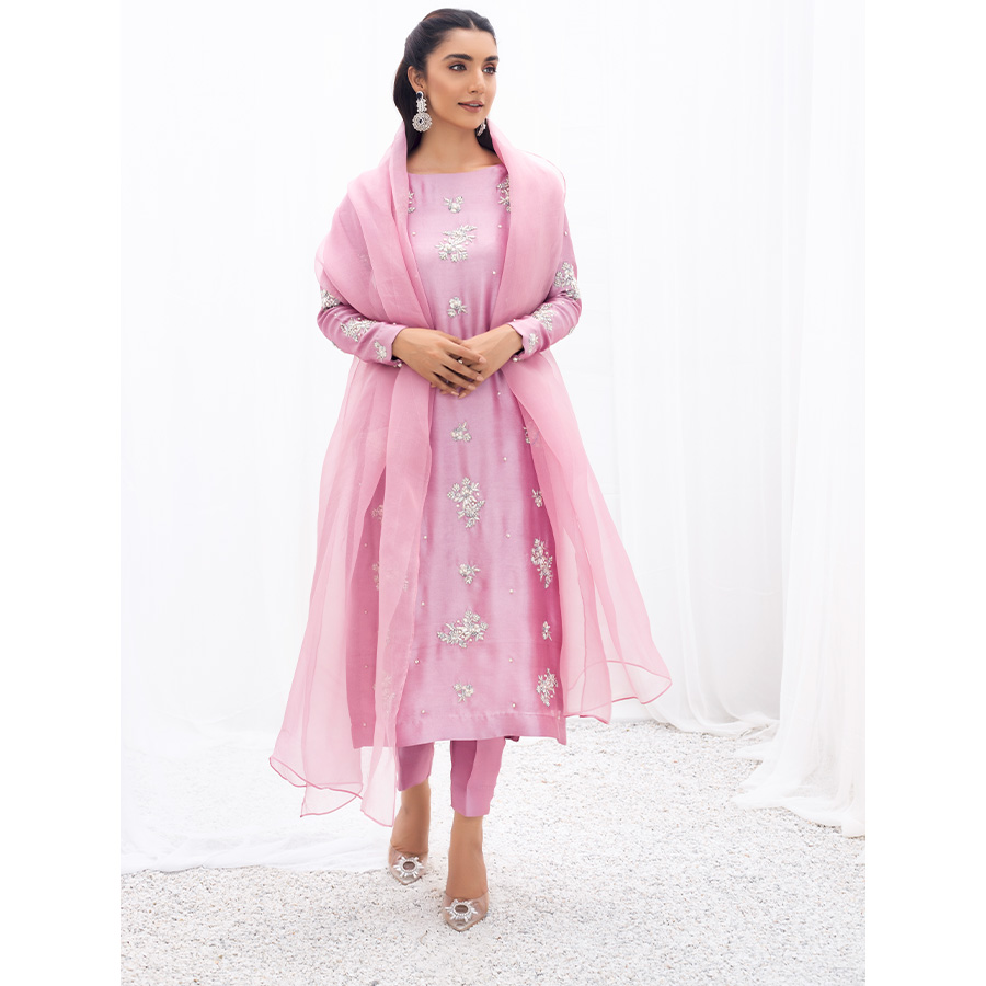 Pakistani Lilac Embellished Pure Tissue Silk Salwar Kameez (3-Piece) - Image 5