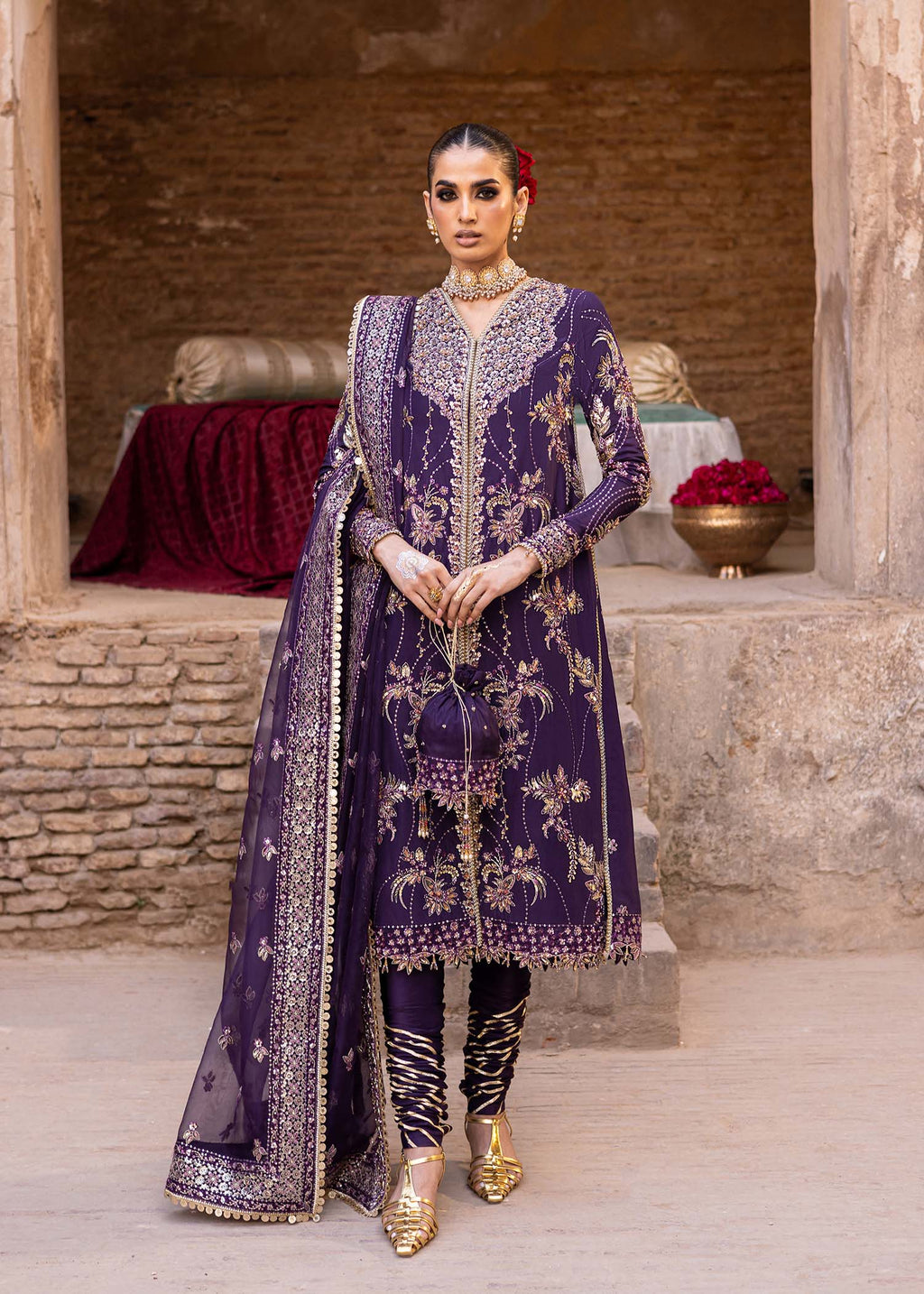 Pakistani Deep Purple Hand-Embellished Tussel Silk Salwar Kameez (3-Piece) - Image 1