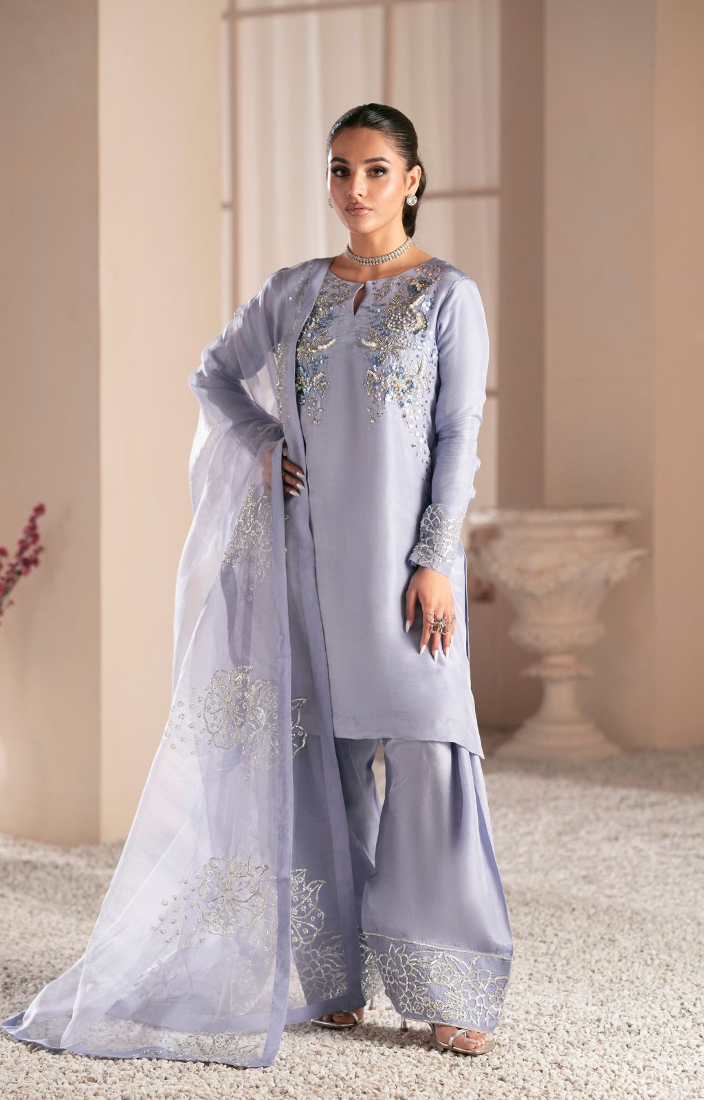Pakistani Periwinkle Mauve Embellished Tussle Silk Salwar Kameez (3-Piece) - Image 1