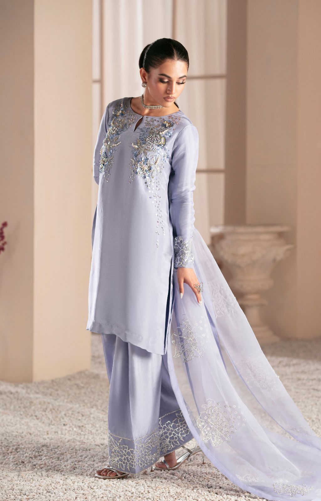 Pakistani Periwinkle Mauve Embellished Tussle Silk Salwar Kameez (3-Piece) - Image 2