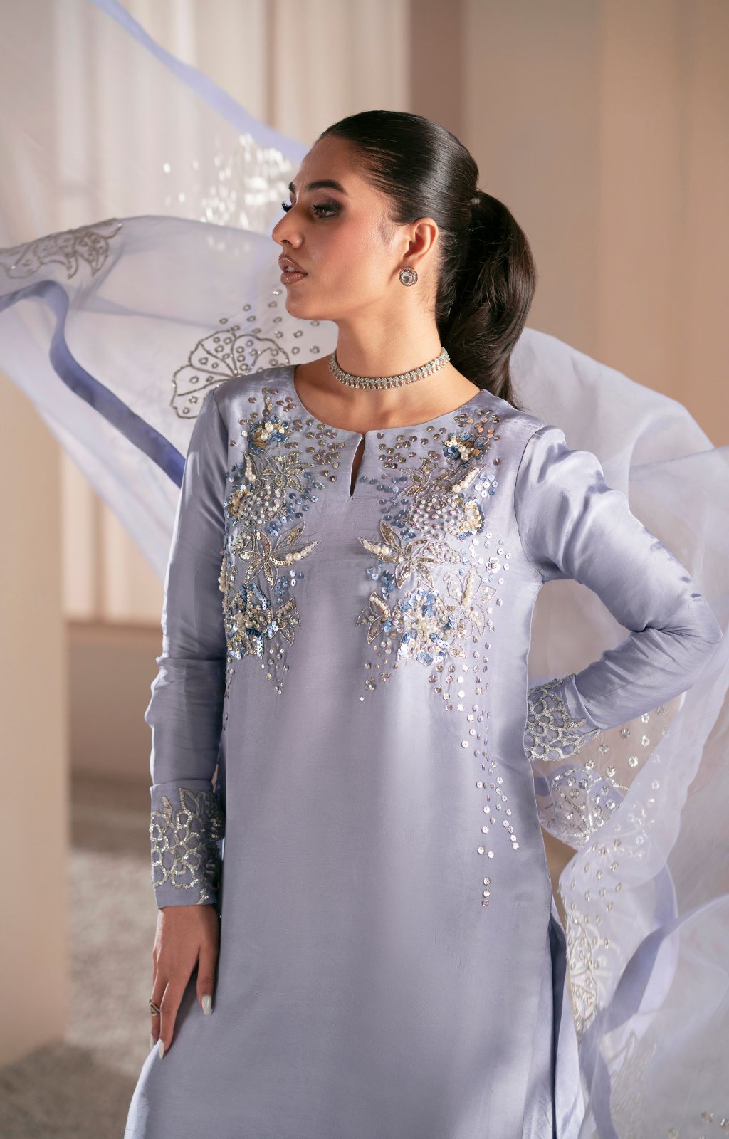 Pakistani Periwinkle Mauve Embellished Tussle Silk Salwar Kameez (3-Piece) - Image 3