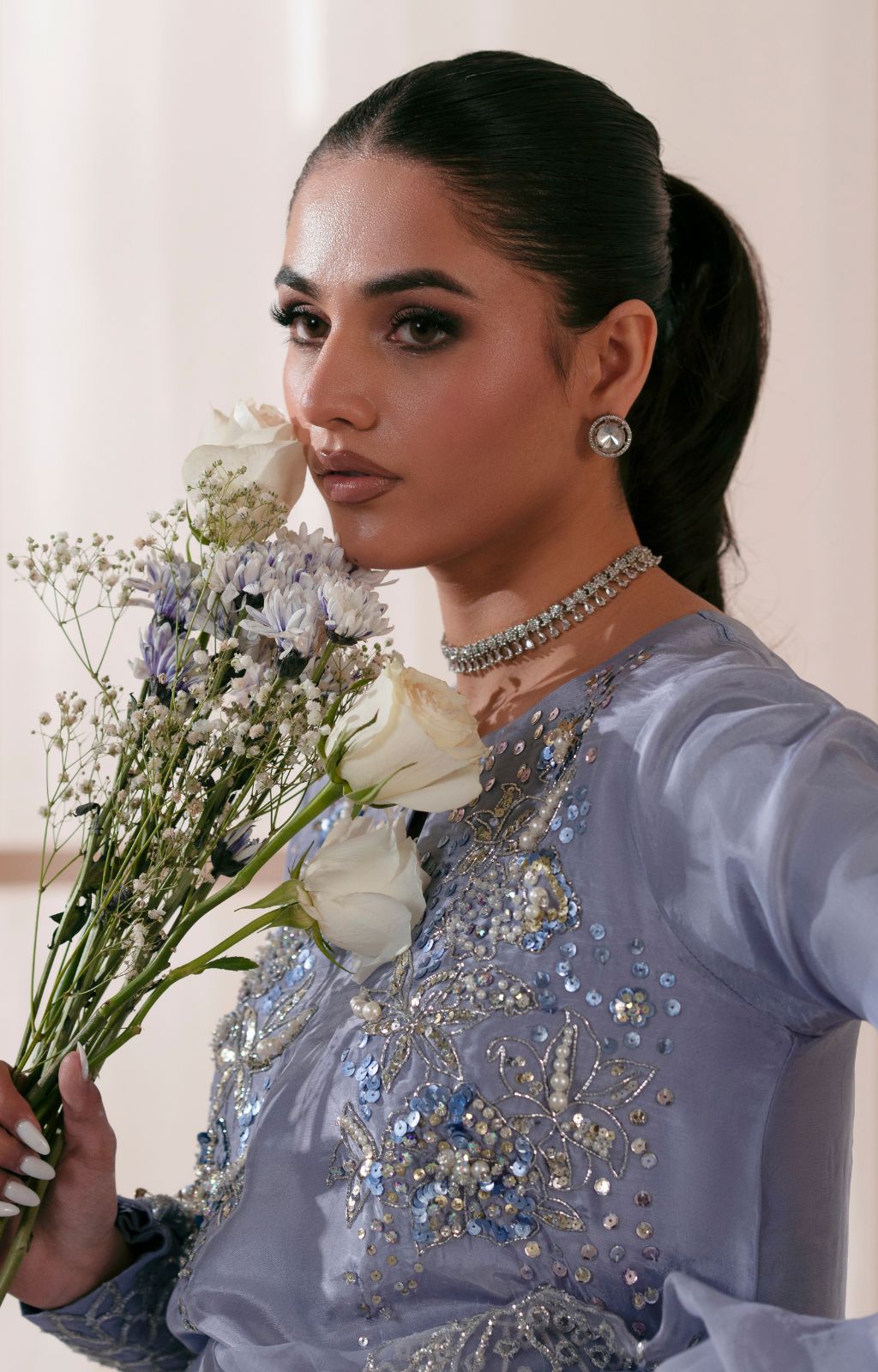 Pakistani Periwinkle Mauve Embellished Tussle Silk Salwar Kameez (3-Piece) - Image 4