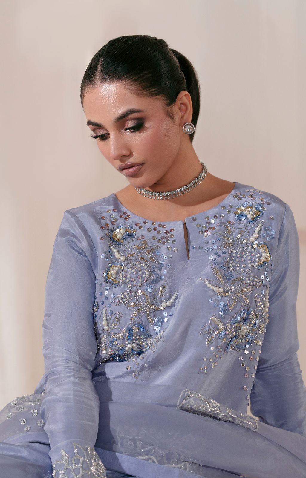 Pakistani Periwinkle Mauve Embellished Tussle Silk Salwar Kameez (3-Piece) - Image 5