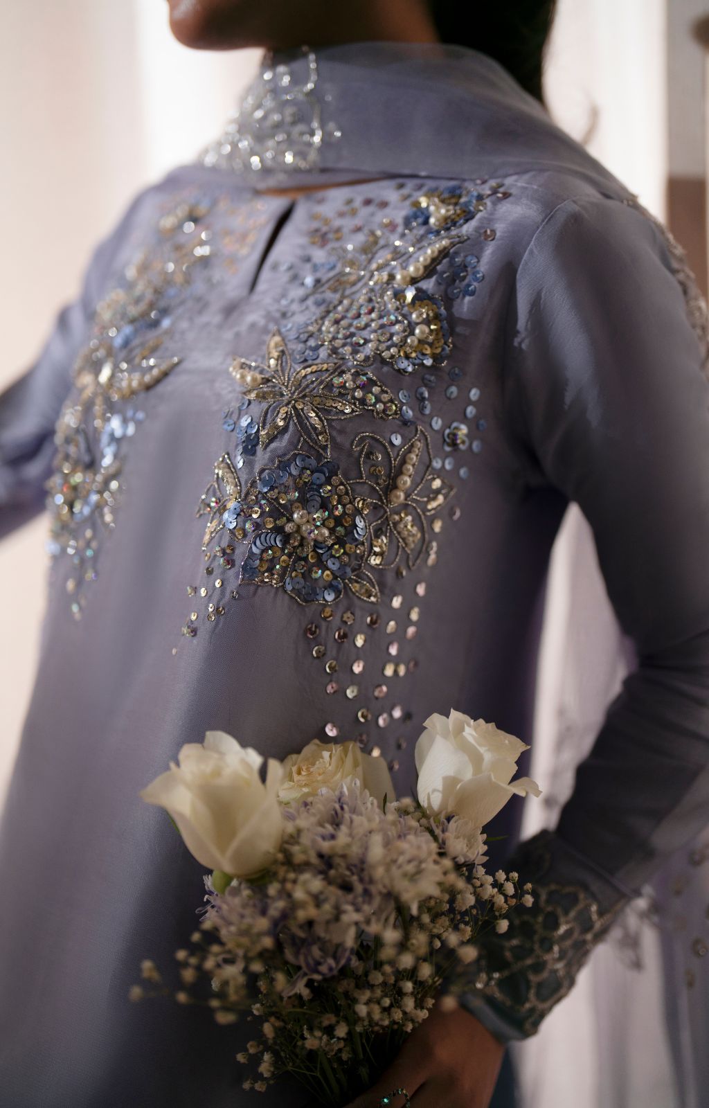 Pakistani Periwinkle Mauve Embellished Tussle Silk Salwar Kameez (3-Piece) - Image 6