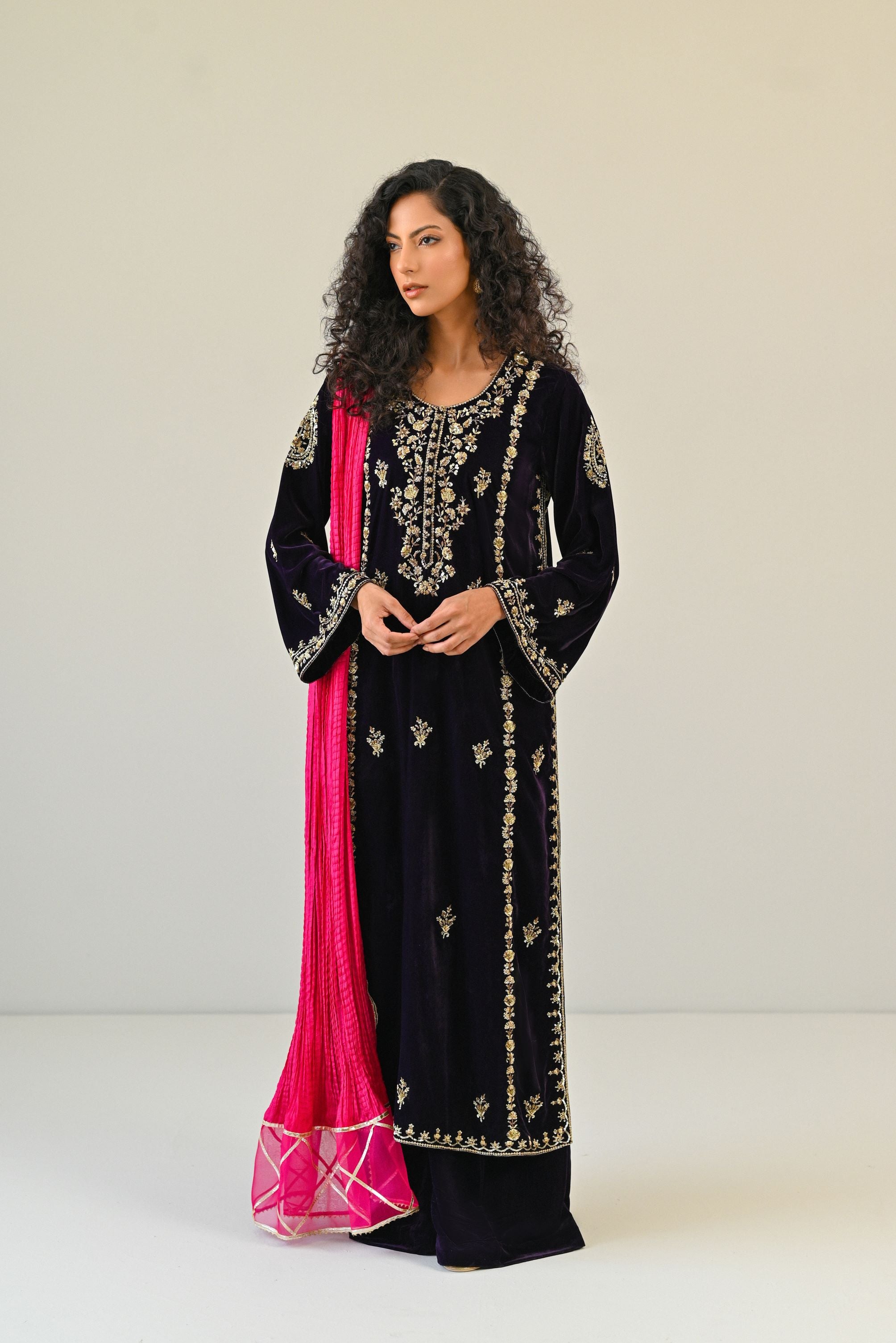 Pakistani Dark Purple Ada Work Velvet Salwar Kameez (3-Piece) - Image 1