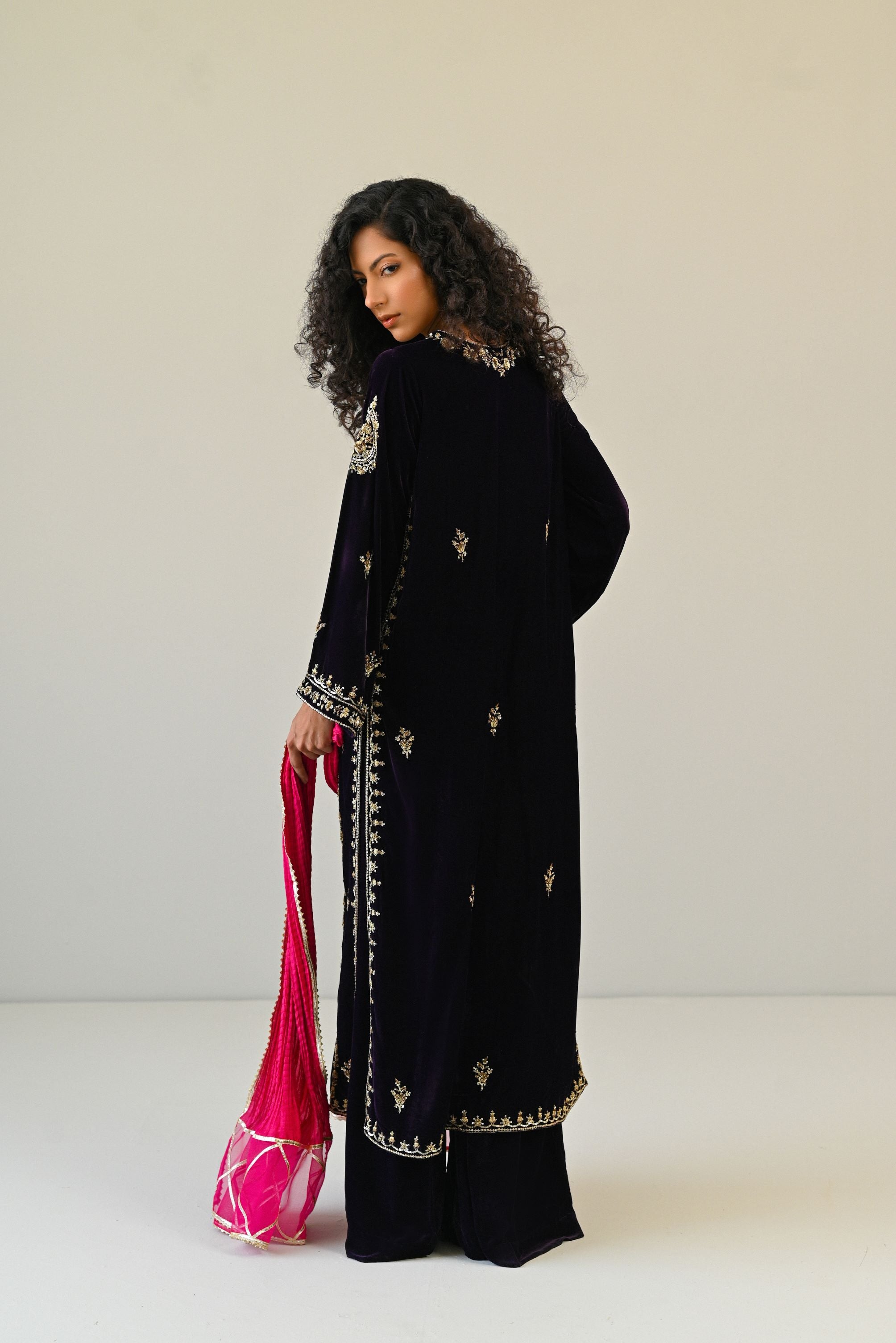 Pakistani Dark Purple Ada Work Velvet Salwar Kameez (3-Piece) - Image 3