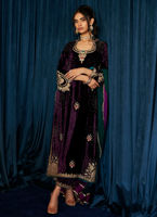 Aubergine Appliqué & Ari Embroidered Velvet Kameez (3-Piece) - Image 2