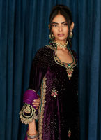 Aubergine Appliqué & Ari Embroidered Velvet Kameez (3-Piece) - Image 3