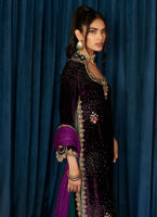Aubergine Appliqué & Ari Embroidered Velvet Kameez (3-Piece) - Image 4