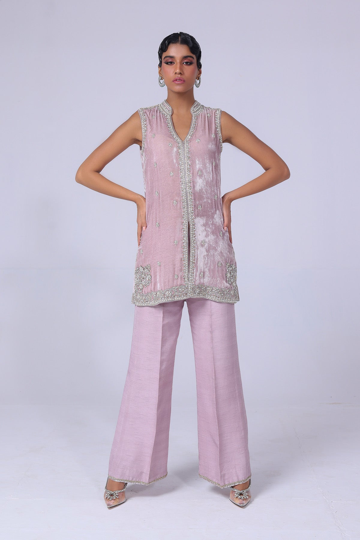 Light Lilac Embellished Velvet Jacket with Raw Silk Pants (2-Piece) - Image 1