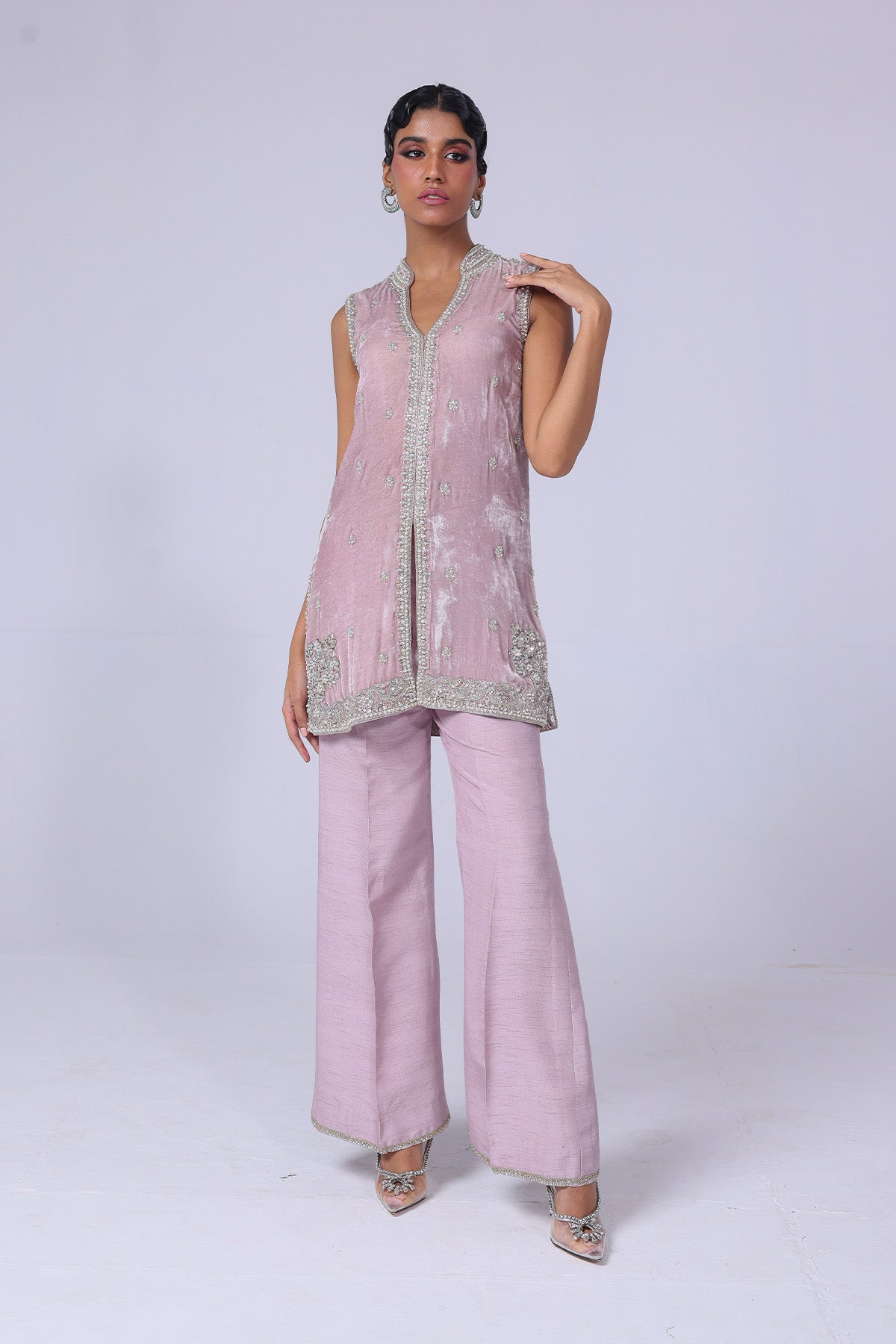 Light Lilac Embellished Velvet Jacket with Raw Silk Pants (2-Piece) - Image 2